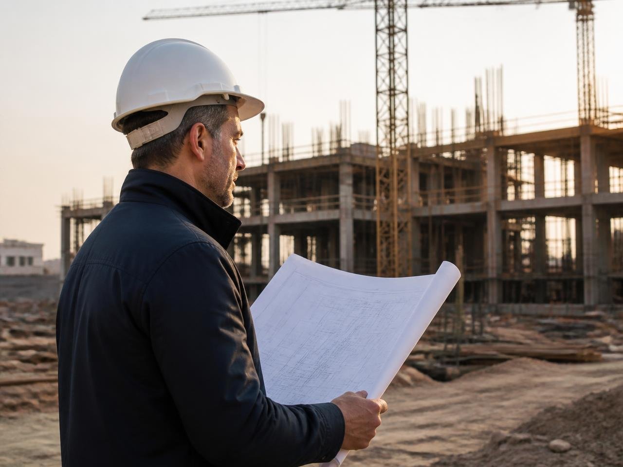 Profissional com capacete analisando plantas em obra de construção civil